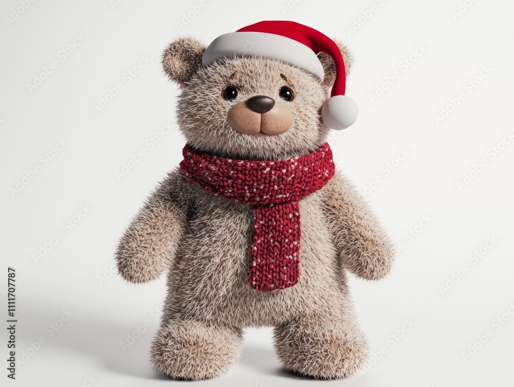 Adorable 3D Render of Cozy Christmas Teddy Bear with Santa Hat and Red Scarf on Isolated White Background, Ultra-Detailed Festive Charm Adorable 3D Render of Cozy Christmas Teddy Bear with Santa Hat and Red Scarf on Isolated White Background, Ultra-Detailed Festive Charm