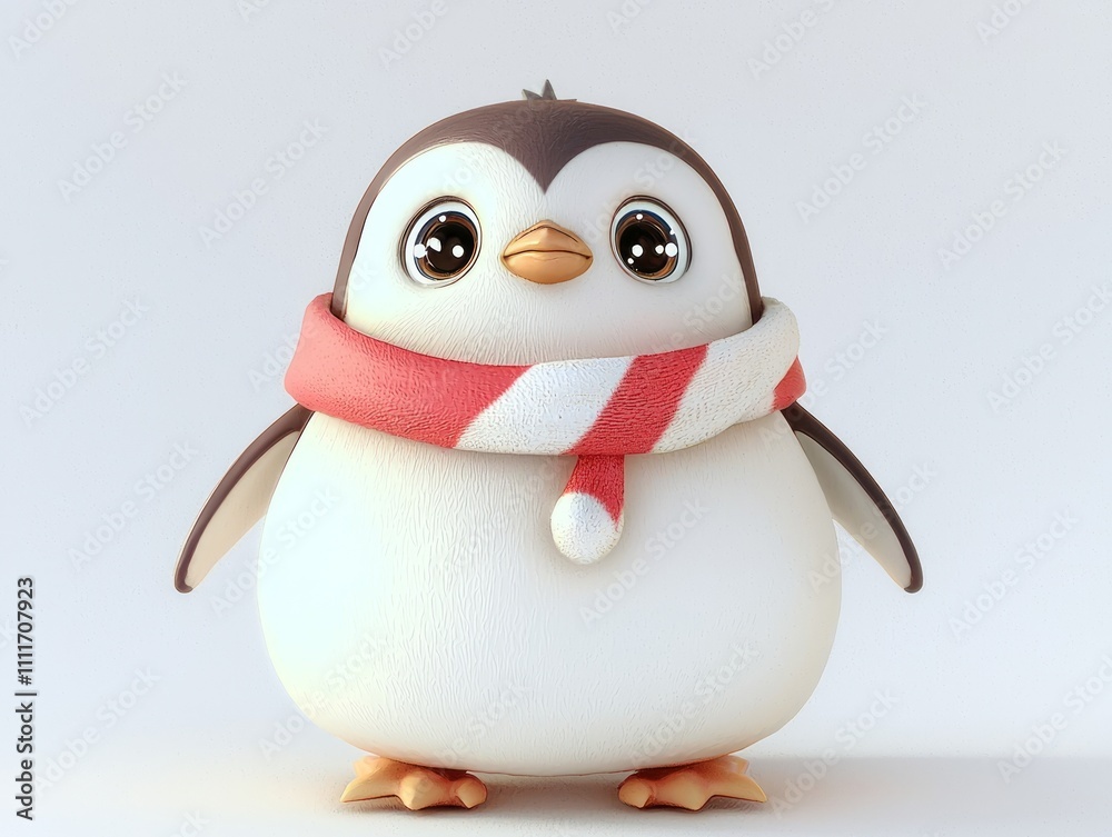 Fototapeta premium Cheerful Christmas Penguin - Cute 3D Render in Red and White Scarf for Festive Season Delight | Ultra-Detailed Illustration