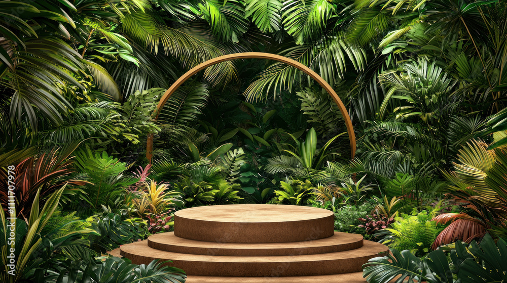 3D rendering image of empty space podium display on the tropical forest for product presentation. 3D rendering image of empty space podium display on the tropical forest for product presentation.