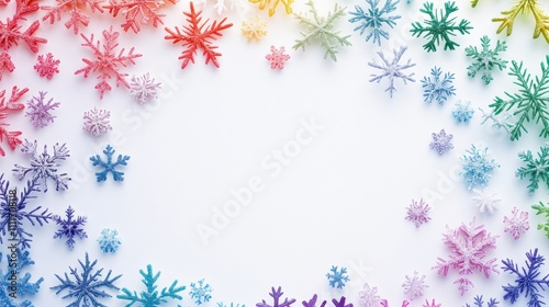 Colorful snowflakes with unique designs form a captivating border, leaving ample space for personalized messages or holiday wishes. Generative AI photo