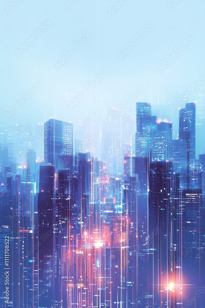 A futuristic cityscape with skyscrapers and digital lines of data flowing through them, representing the integration of AI technology in urban life A futuristic cityscape with skyscrapers and digital lines of data flowing through them, representing the integration of AI technology in urban life