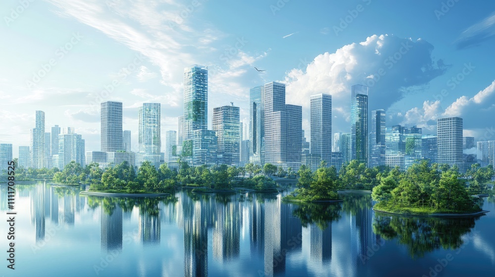 Eco-friendly modern city skyline reflected in calm water. Eco-friendly modern city skyline reflected in calm water.