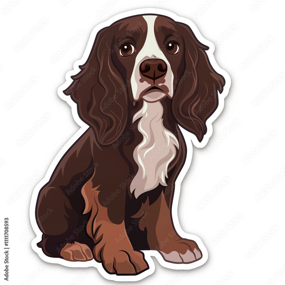 Cute cartoon-style Brown English Springer Spaniel dog sticker, sitting pose, isolated on white
