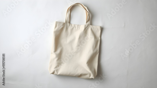 A minimalist scene of a blank canvas tote bag lying on a textured white paper background, sharp lighting, hyper-realistic 8K photo