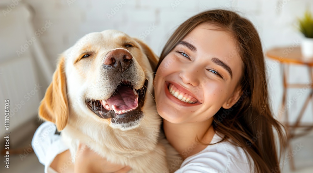 Happy businesswoman embraces her Labrador therapy dog and having fun in office. Happy businesswoman embraces her Labrador therapy dog and having fun in office.