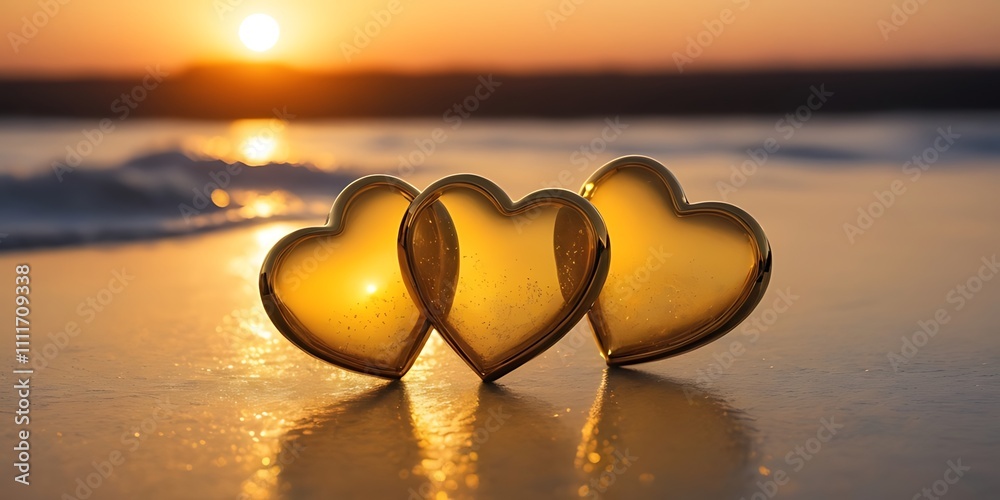 Fototapeta premium Golden_hearts_on_shiny_surface_at_sunset_symboli 
