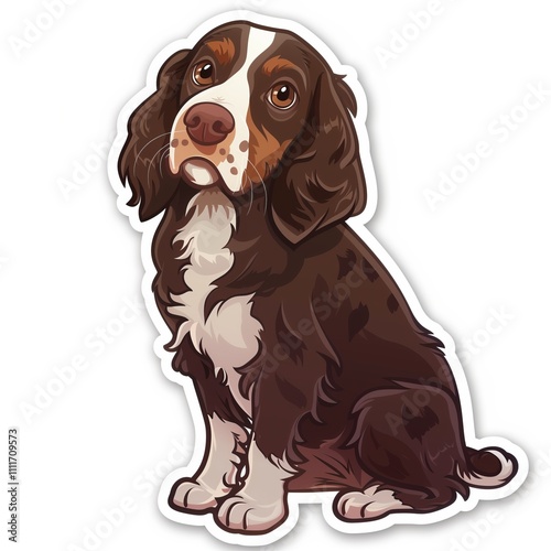  Brown English Springer Spaniel dog cartoon sticker, profile view, isolated on white