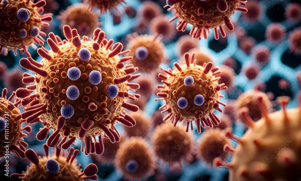 Coronavirus microorganism close-up under electron microscope