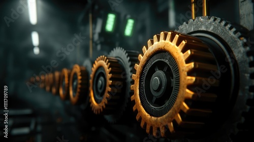 Close-up of metallic gears in a machinery setting, ideal for industrial themes. photo