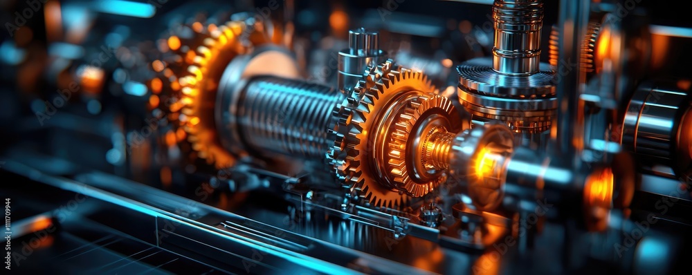 Close-up of intricate mechanical gears on metallic machinery. Close-up of intricate mechanical gears on metallic machinery.