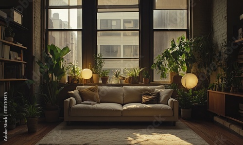 Sunlight Illuminates Cozy Living Room with Plants  Sofa  and Natural Light  Creating Serene Atmosphere.