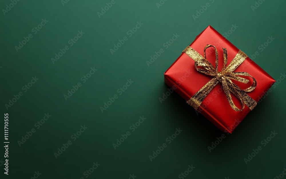 Red Christmas gift on green background, lots of white space Red Christmas gift on green background, lots of white space