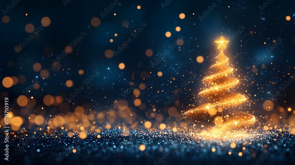 Naklejka premium Christmas tree with glowing lights on a dark blue background, starry sky, blurred snow, and a bokeh effect This could be a Christmas card or banner template for a New Year's party,