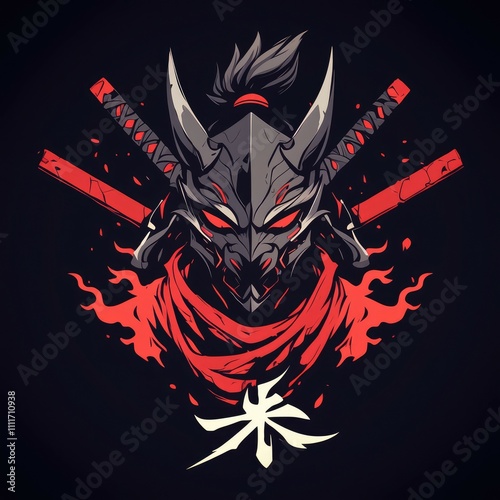 Oni mask samurai warrior, fiery design.