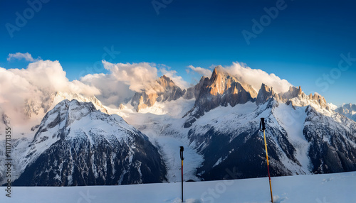 Enchanting snowy peaks of Chamonix with a lone ski pole marking the trail of adventure amid a breathtaking alpine landscape