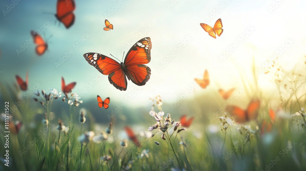 A field of white flowers with several orange butterflies flying above them on a sunny day A field of white flowers with several orange butterflies flying above them on a sunny day