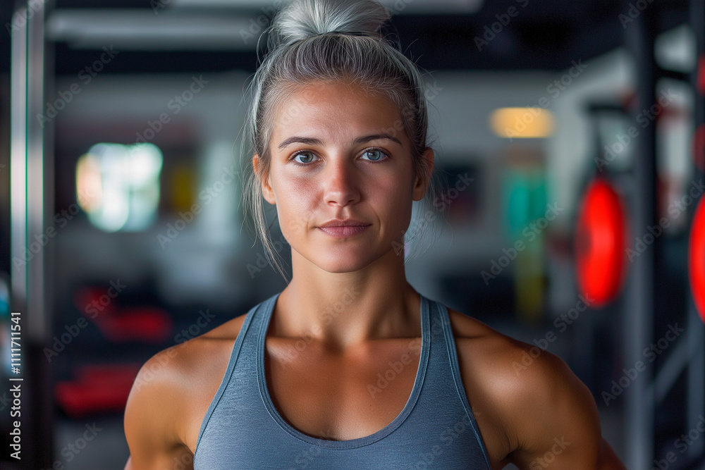 Fototapeta premium Focused and determined woman in gym environment close-up portrait