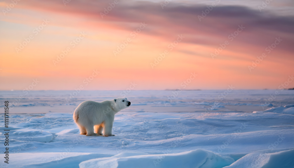 Majestic polar bear explores the icy landscape of Churchill, Manitoba under a stunning sunset glow Majestic polar bear explores the icy landscape of Churchill, Manitoba under a stunning sunset glow