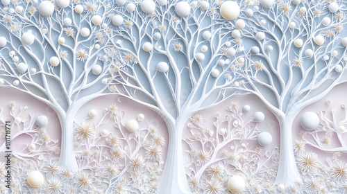 Magical pastel forest, intricate paper art details, layered trees photo