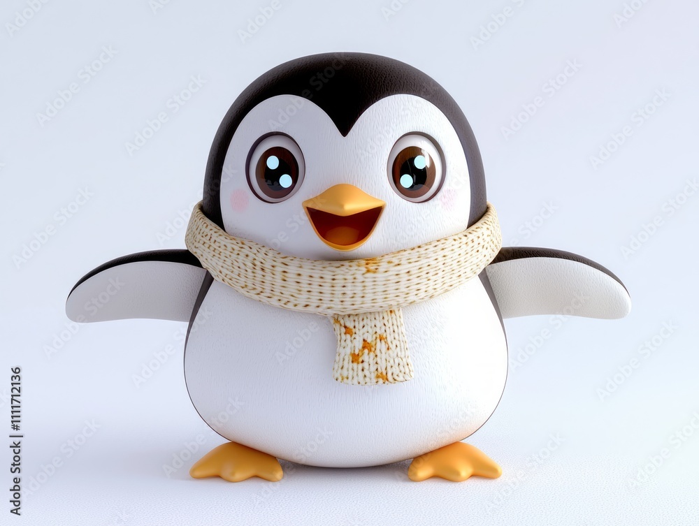 Fototapeta premium Cheerful Christmas Penguin Sliding Down Snowy Hill - 3D Cartoonish Render with Bright Eyes and Scarf on White Background