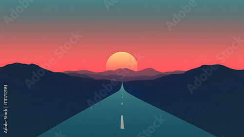 A clean flat design of a straight road extending into the horizon with a modern vector illustration style 