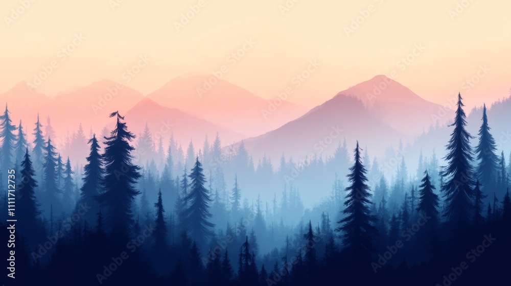 Silhouetted Pine Forest Against a Misty Pink and Blue Mountain Range Silhouetted Pine Forest Against a Misty Pink and Blue Mountain Range
