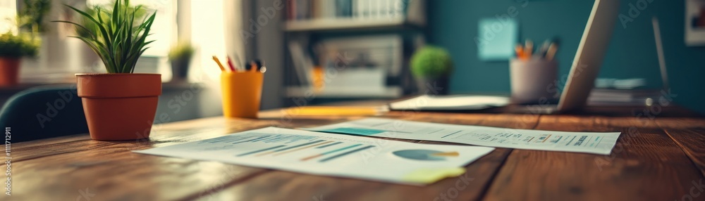 Cozy Home Office with Wooden Desk and Potted Plants in Warm Natural Light, Featuring Graphs and Charts on Paper Cozy Home Office with Wooden Desk and Potted Plants in Warm Natural Light, Featuring Graphs and Charts on Paper