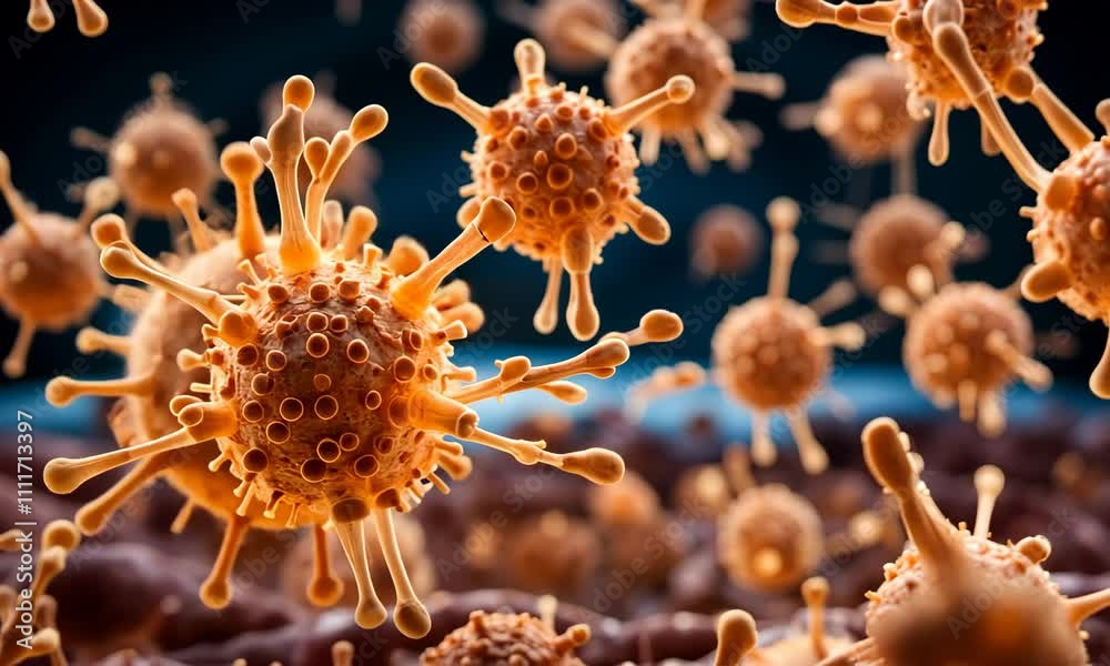 Coronavirus microorganism close-up under electron microscope