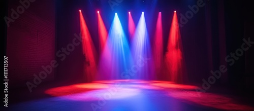 Vibrant Stage Lighting with Colorful Red and Blue Spotlights in a Dark Theater Setting