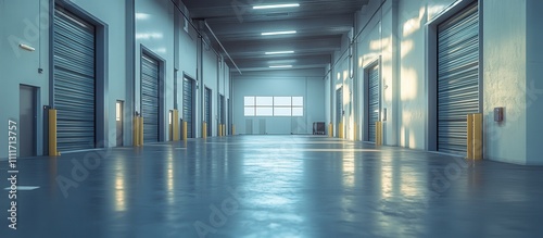 Modern Industrial Warehouse Interior with Roller Doors and Polished Concrete Floor in Soft Lighting