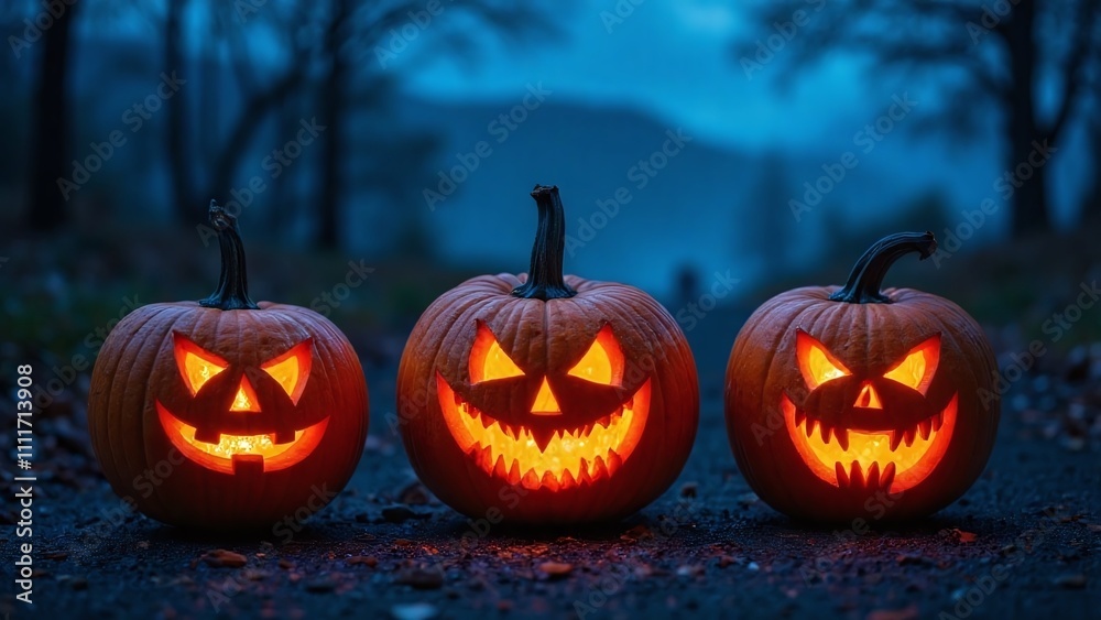 Three jack-o'-lanterns on dark surface carved designs night Three jack-o'-lanterns on dark surface carved designs night