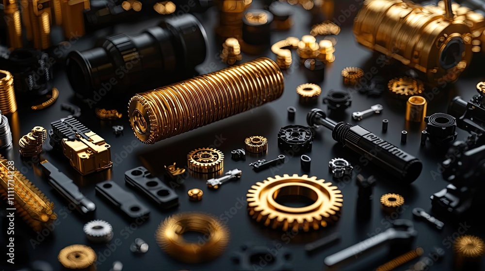 Macro shot of intricate golden mechanical components on a dark background. Macro shot of intricate golden mechanical components on a dark background.