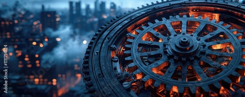 Wallpaper Mural Close-up of gears with a city skyline in the background, dark and atmospheric setting. Torontodigital.ca