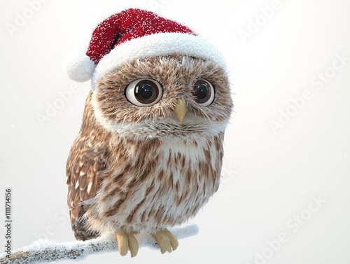 Cheerful Christmas Owl - Festive 3D Render on Snowy Branch | Posing with Wisdom and Joy in Festive Hat | Ultra-Detailed Cartoonish Design photo