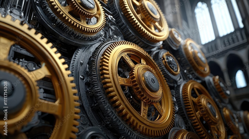 Intricate golden gears in a mechanical assembly, close-up on detailed craftsmanship. Intricate golden gears in a mechanical assembly, close-up on detailed craftsmanship.