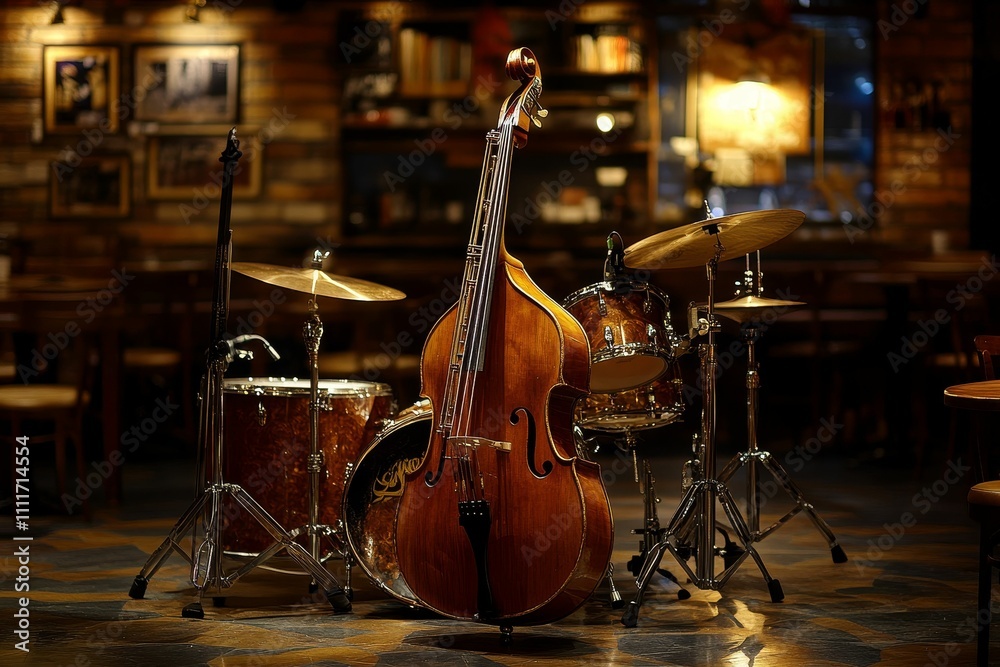 Fototapeta premium Bass, drums, and cymbals in dimly lit room.