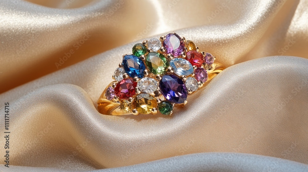 Colorful Gemstone Ring with Diamonds on Elegant Satin Background Colorful Gemstone Ring with Diamonds on Elegant Satin Background