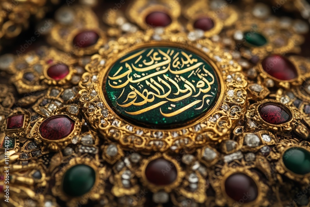 Ornate gold jewelry, gemstones, inscribed medallion. Ornate gold jewelry, gemstones, inscribed medallion.