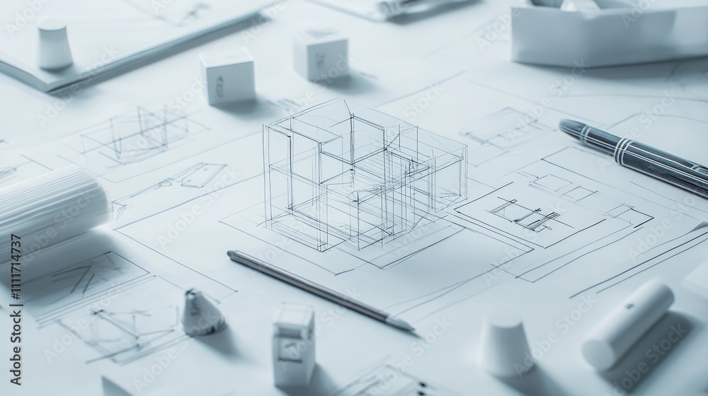 Architectural Drafts and Blueprints on a Work Surface Architectural Drafts and Blueprints on a Work Surface