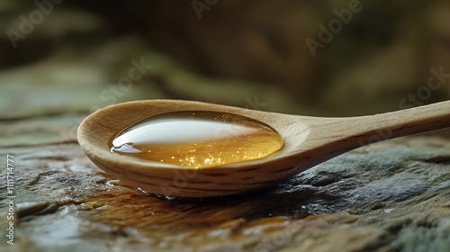 Golden Honey Drop In Wooden Spoon On Wood photo