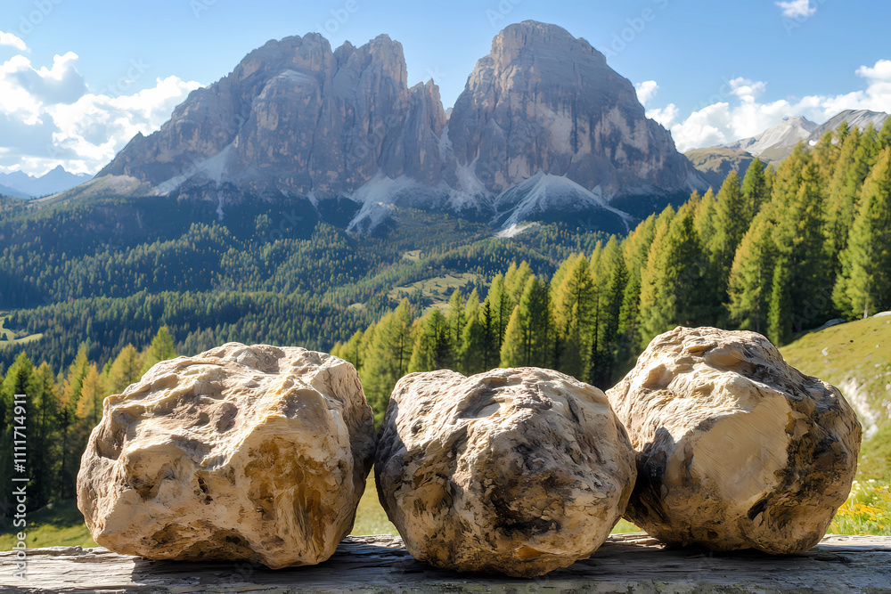 Photo & Art Print Three large rocks are sitting on a ledge in front of ...