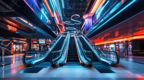 Futuristic shopping mall interior with vibrant neon lighting and escalators.