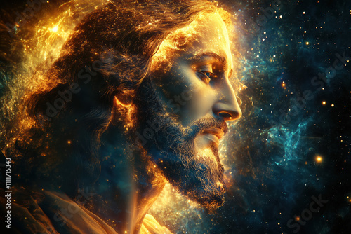 Jesus as Alpha and Omega with Glowing Greek Letters and Celestial Light in a Surreal Cosmic Background photo