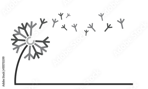 Dandelion stylized symbol with flying seeds.