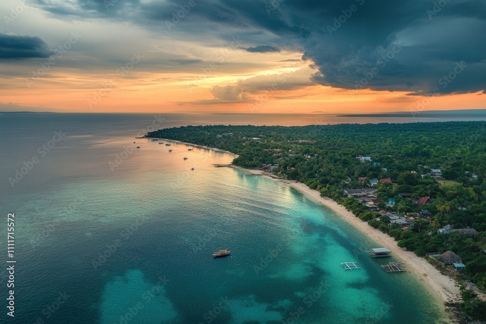 Fototapeta premium Dramatic sunset over tropical island coastline, boats, beach, and turquoise water.