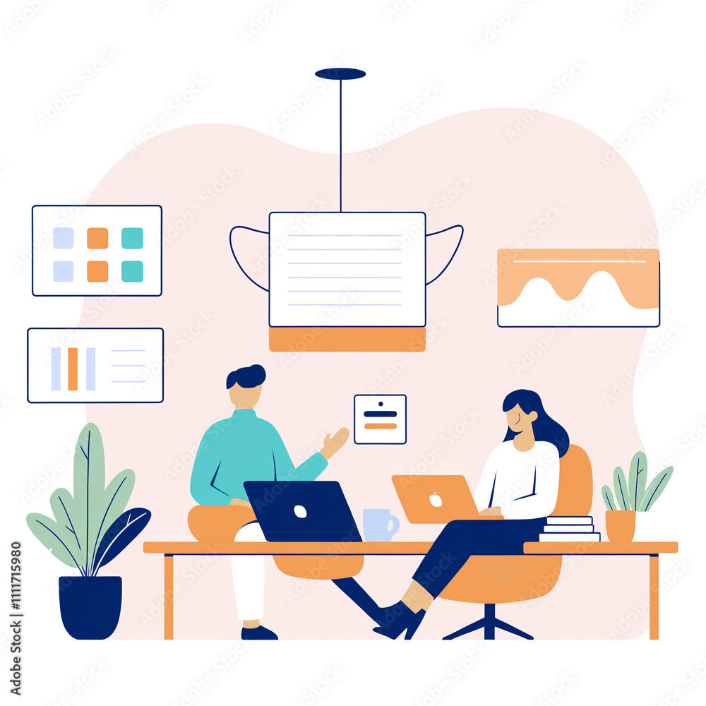 Fototapeta premium Concept illustrations of remote work, showcasing its benefits, limitations, and workflow organization. A series of scenes featuring individuals optimizing and managing their work processes.