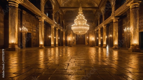 An ancient, grand hall illuminated by flickering torches, with walls and floors covered in gold photo