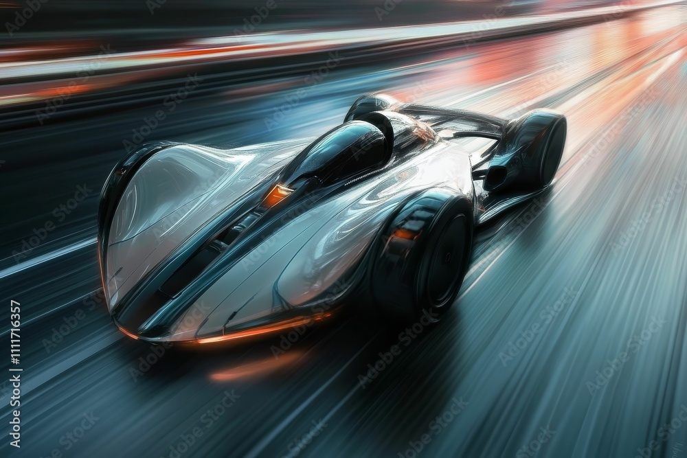 Sleek futuristic race car speeds down highway. Sleek futuristic race car speeds down highway.