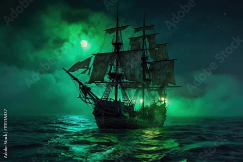 A ghostly pirate ship with tattered sails and glowing green lights drifting through a foggy, moonlit sea.