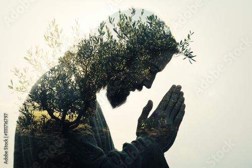 Spiritual Art of Jesus Overlaid with Natural Elements, Double Exposure Photography Style photo